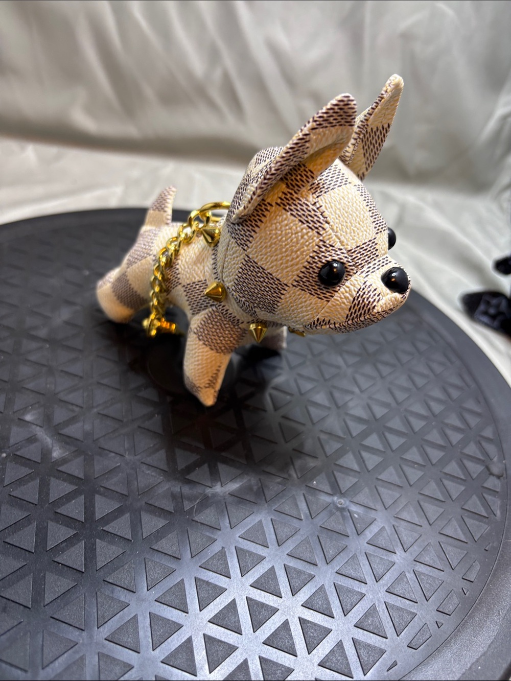 Designer-Style Checkered Beige Dog Keychain Charm